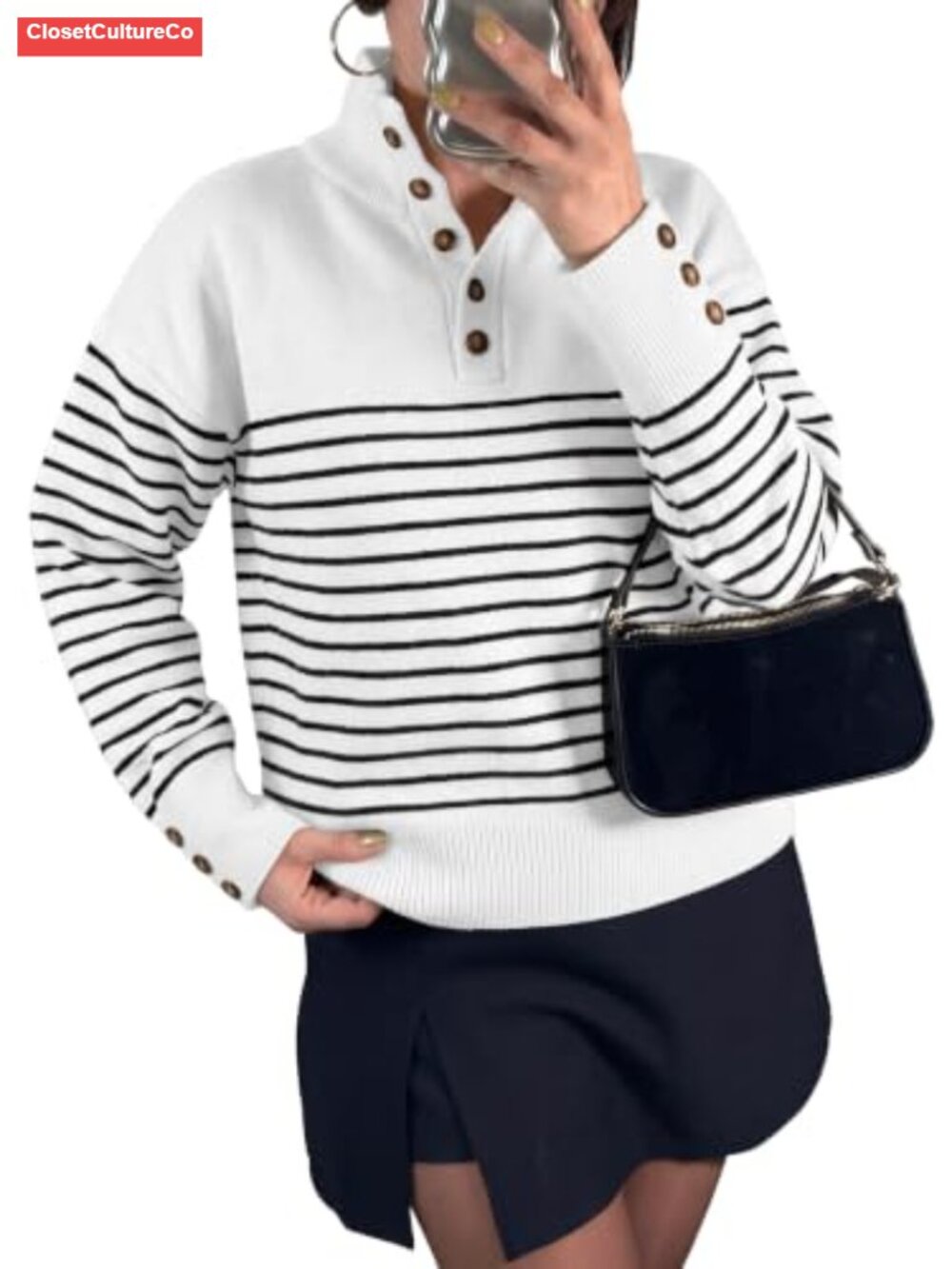 ANRABESS Women's Long Sleeve Striped Turtle Neck Collared Sweaters